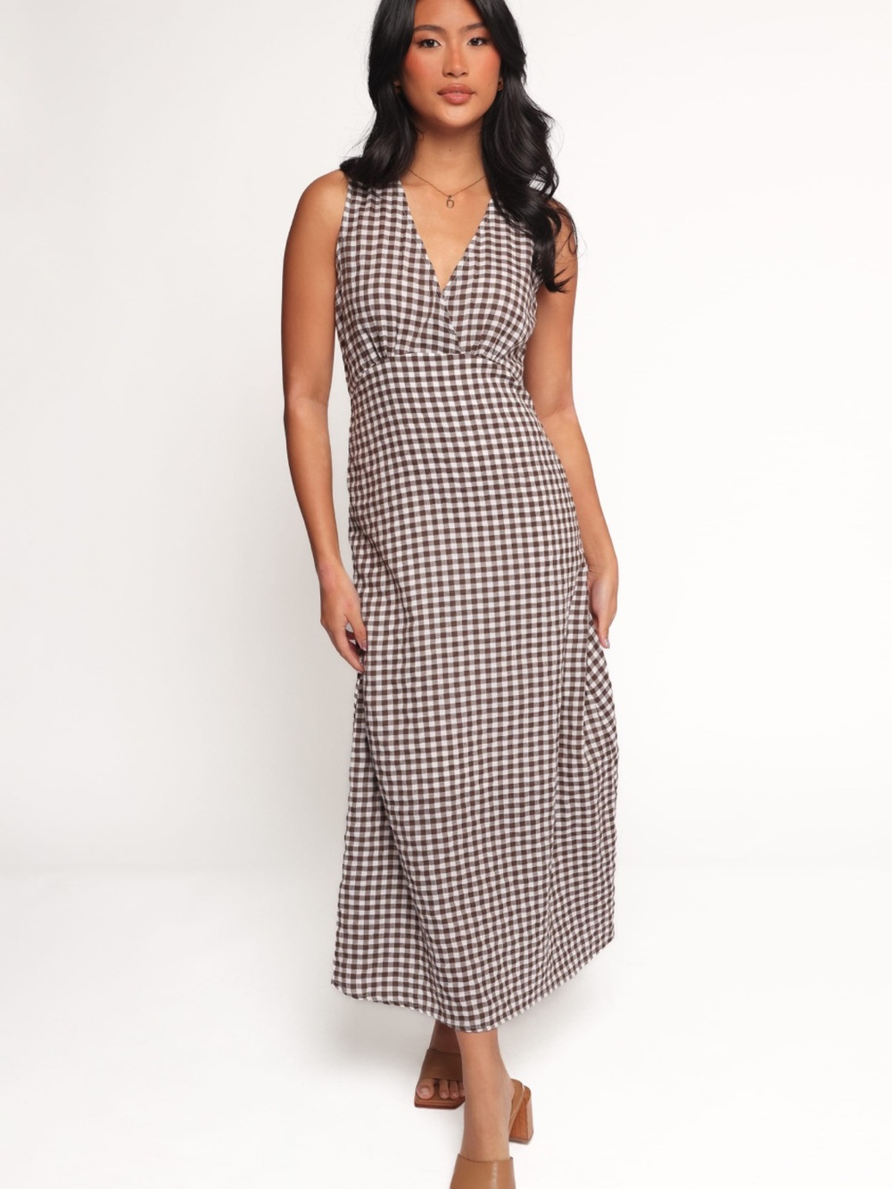 Petal & Pup Brown and White Gingham V‑Neck Maxi Dress- Queenie Dress